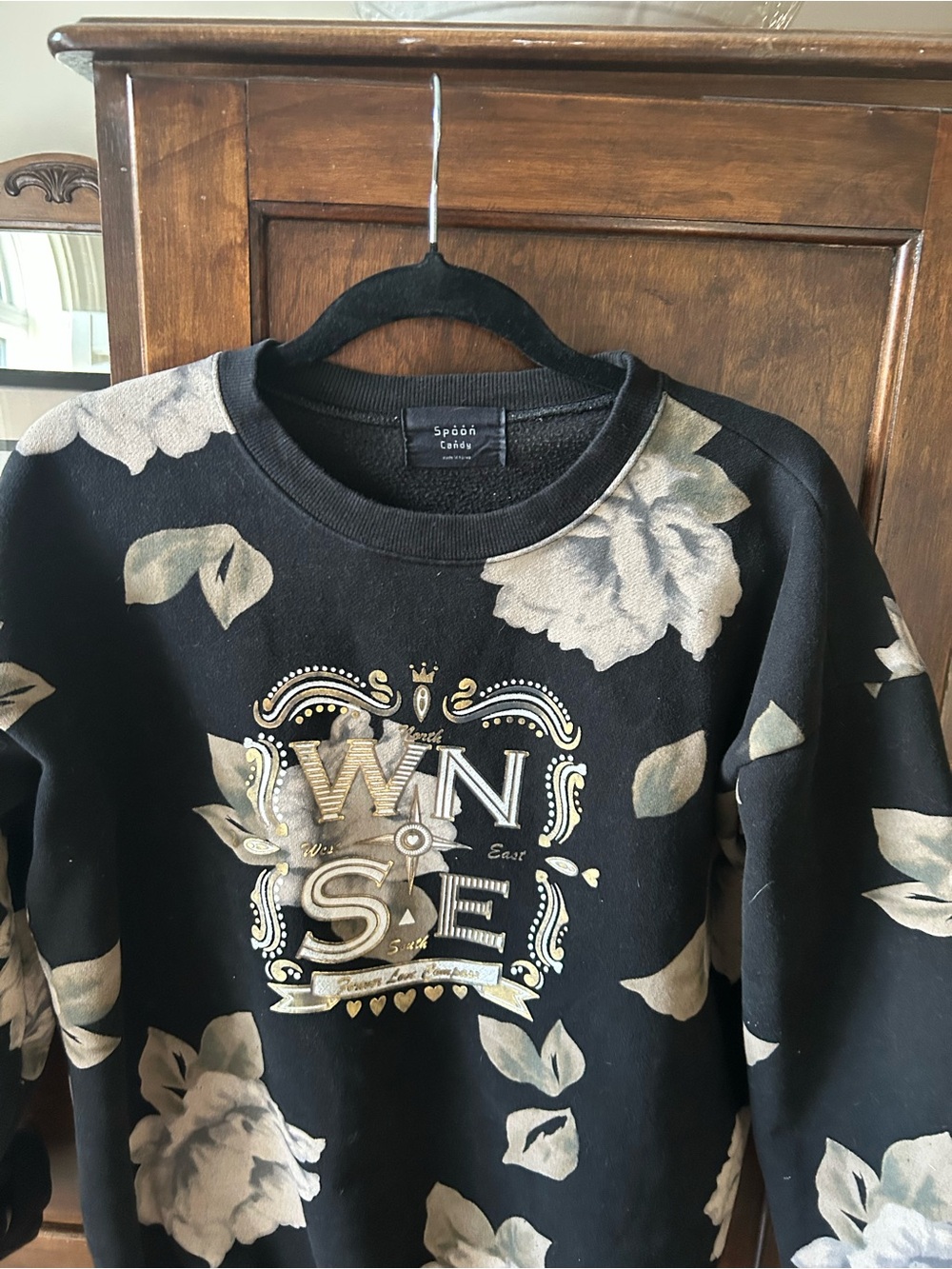 Spòòk Labs Black Floral Crewneck Sweatshirt with Gold Accent